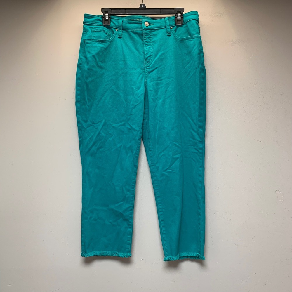 Chicos So Slimming Girlfriend Slim Leg Crop Pants Women 12 Teal Frayed Hem EX